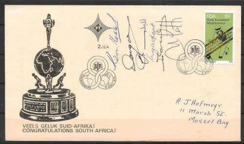 South Africa 1976 Bowls World Cup Winners first day cover signed by team