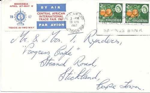 Rhodesia 1967 Airmail cover to Cape Town with Central African Trade Fair Airmail label