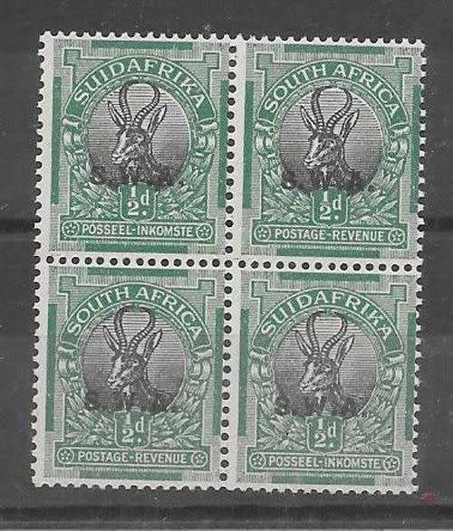 South West Africa 1927 London 1/2d block of 4 overprint shifted to centre very fine mint