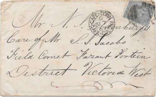 Cape of Good Hope 1867 4d folded over edge on cover from Cape Town to Victoria west
