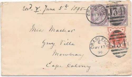 Cape of Good Hope 1895 GB incoming cover addressed to Miss Maclear Royal Observatory family