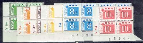 South Africa Postage Due 1972 set of 6 in  A control blocks of 6 with 8c block of 8 unmounted mint
