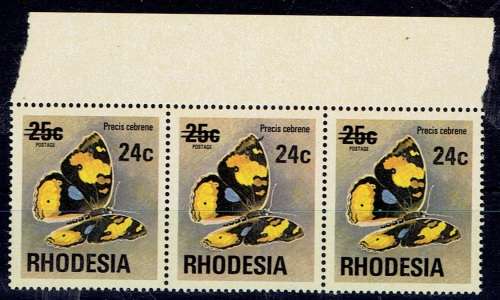 Rhodesia 1976 Definitive 24c on 25c strip of 3 with wing flaw very fine unmounted mint