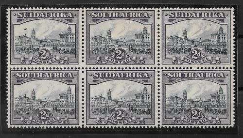 South Africa 1930 Roto Unhyphenated 2d blue and violet block of 6 with airship plate flaw