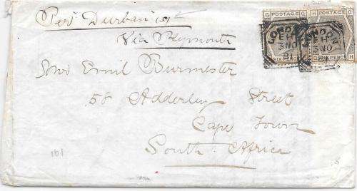 Cape of Good Hope 1881 GB 6d pair on cover from London to Cape Town per Durban Castle ship fine used