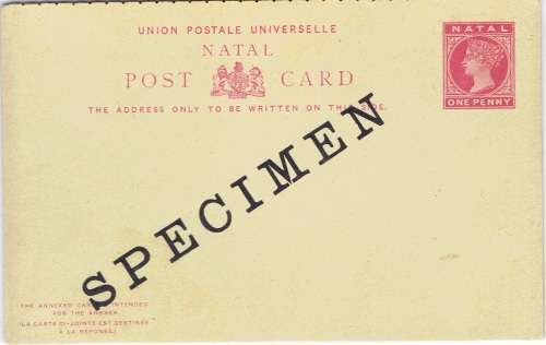Natal QV 1d carmine postal stationary card with reply both SPECIMEN overprinted