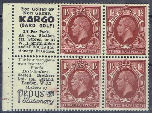 Great Britain 1934 KGV 1 half d booklet pane of 4 with 2 adverts fine mint