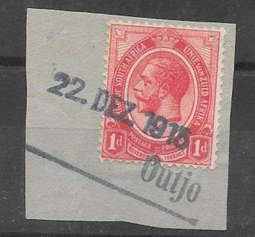 South West Africa  WWI SA Occupation KGV 1d on piece with Outjo 1916 B1oc in blue cds