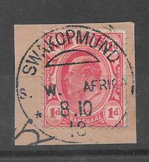 South West Africa  WWI SA Occupation Transvaal KEVII 1d on piece with Swakopmund cds