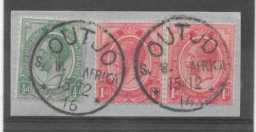 South West Africa  WWI SA Occupation KGV halfd and 1d x2 on piece with large Outjo converted cds