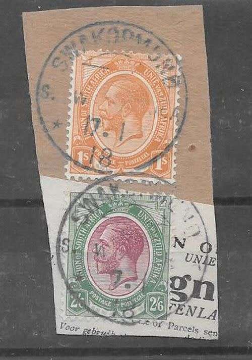 South West Africa  WWI SA Occupation KGV 1s and 2s6d on piece with Swakopmund cds