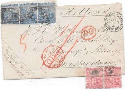Cape of Good Hope 1873  4d x3 and 1d x2 on cover from Hopefield per Royal Mail ship to Amsterdam