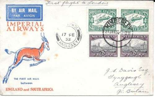 South Africa 1932 1st Flight cover Kimberly to Anglesey UK very fine