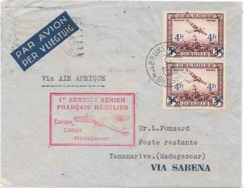 Belgian Congo 1935 1st Flight cover with 4Fr on 5Fr from Brussels via Congo to Madagascar