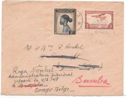 Belgian Congo 1947 Budjala cover to Belgium and readdressed to Bumba B Congo