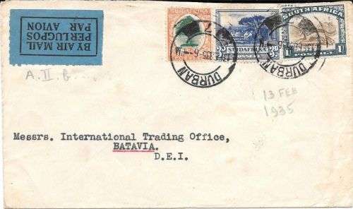 South Africa 1935 13 Feb Durban flight cover to Batavia Dutch East Indies fine and scarce