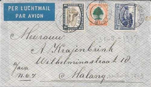 South Africa 1937 31 Aug Robertson flight cover to Malang Dutch East Indies fine and scarce