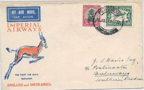 South Africa 1932 28 Jan 1st Flight Imperial Airways cover from  Pietersburg to Bulawayo very fine