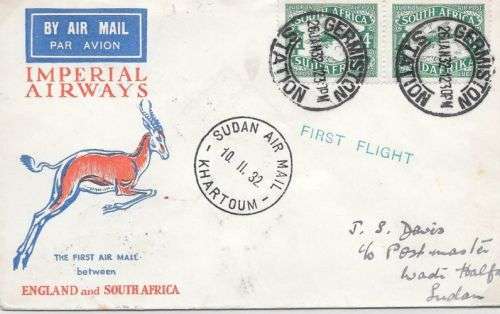South Africa 1932 26 Jan 1st Flight Imperial Airways cover Germiston Station to Wadi Halfa very fine