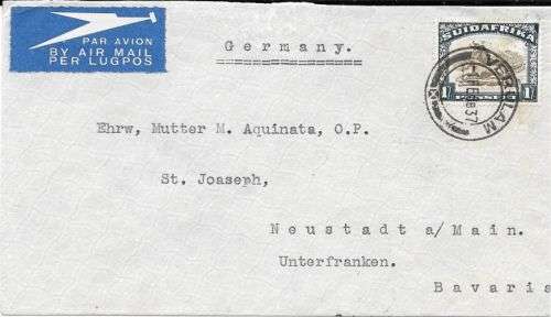 South Africa 1937 1 Feb 1st Flying Boat airmail cover from Verulam to Bavaria Germany very fine