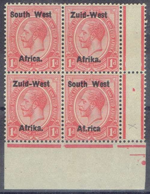 South West Africa 1923 KGV Type I 1d block of 4 with Af.Rika variety very fine unmounted mint