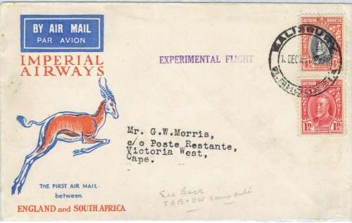 South Africa 1931 19 December 1st Flight cover from Salisbury to Victoria West scarce destination