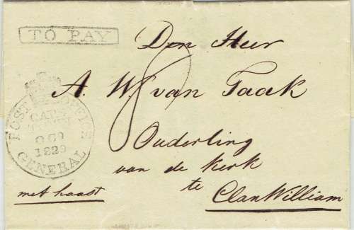 Cape of Good Hope 1829 wrapper to Clanwilliam with Crowned circle and Post Paid cancellers very fine