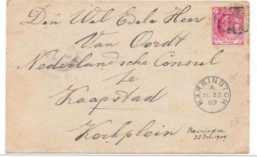 Cape of Good Hope 1909 KEVII 1d tied to proving Barrington cover with BONC 574 scarce