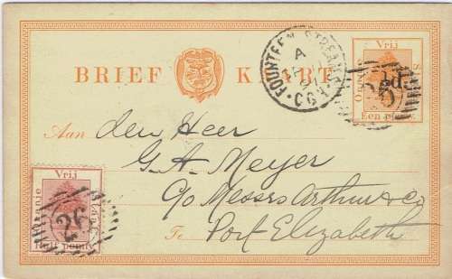 Orange River Colony 1891 Briefkaart with BONC 26 and proving Bultfontein cds on reverse