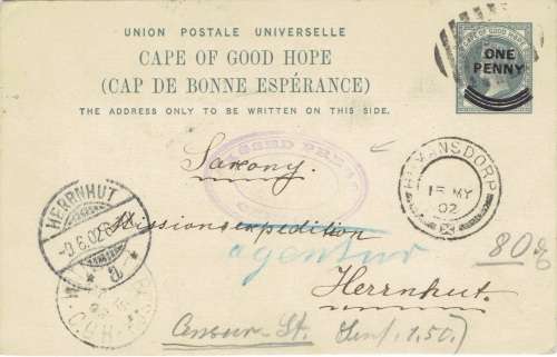 Anglo Boer War 1902 COGH 1d double overprint variety card from Witte Klei Bosch to Germany fine