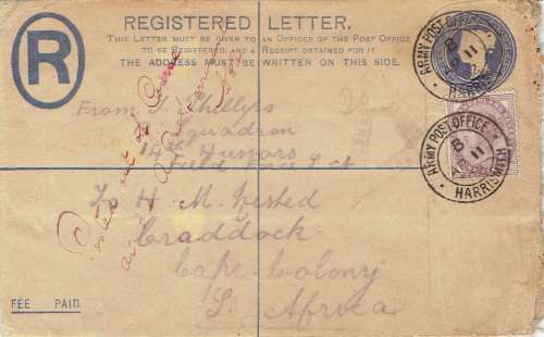 Anglo Boer War 1902 GB 1d lilac on 4d registration envelope with `Posted out of course`  fine