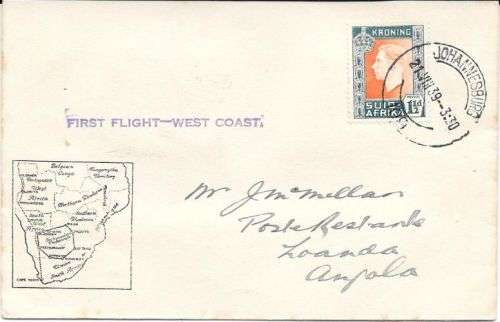 South Africa 1939 21 Aug 1st Flight West Coast Johannesburg to Luanda Angola  fine