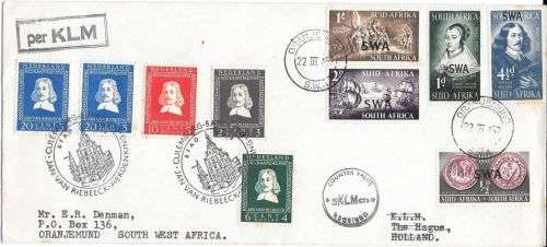 South West Africa 1952 Van Riebeeck set combined Netherlands set of KLM First day Covers