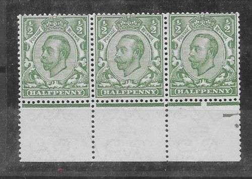 Great Britain 1912 KGV Mackennel 1/2d strip of 3 with no cross on crown variety very fine unhinged