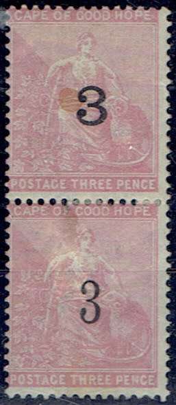 Cape of Good Hope 1880 Provisional 3 on 3d both Types in vertical pair fine mint