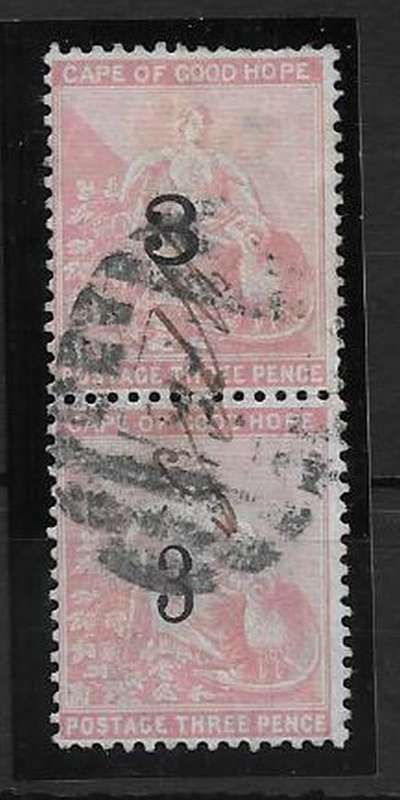 Cape of Good Hope 1880 Provisional 3 on 3d both Types in vertical pair fine used