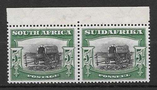 South Africa 1927 London 5s key value top marginal pair very fine mint