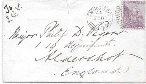 Cape of Good Hope 1877 6d tied to cover from Cape Town to Uk via `ship `African`