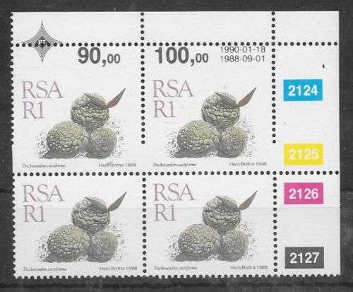 South Africa 1988 Succulent Definitive R1 control block 4 with perf shift resulting 2 large stamps