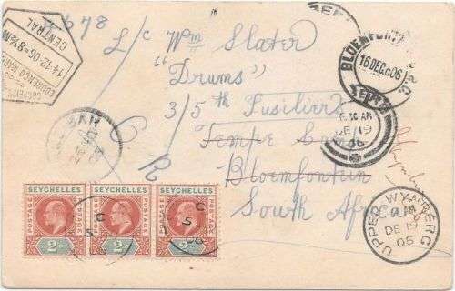 South Africa 1906 Incoming Seychelles ppcard to British trooper at Tempe Camp Bloemfontein
