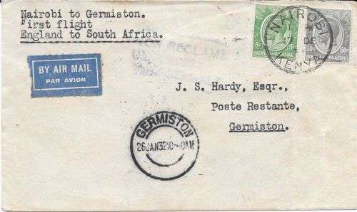 South Africa 1931 17 December 1st Xmas Flight cover from Nairobi to Germiston