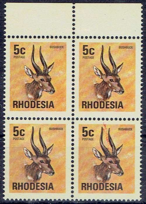 Rhodesia 1974 Definitive 5c  blk of 4 with red ink smudge between horn flaw very fine unmounted mint