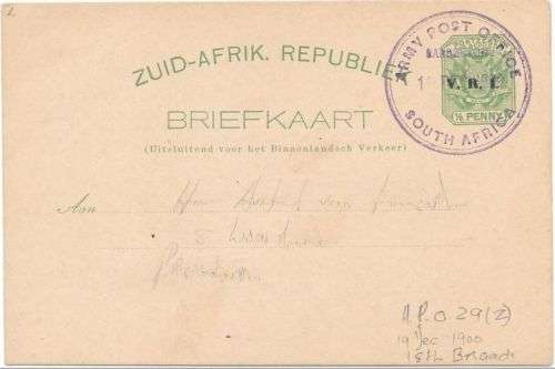 Anglo Boer War 1900 Transvaal half d card with large violet Army Post Barberton cancel