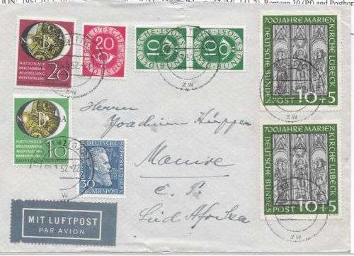 Germany West 1951 cover with multiple franking  from Stuttgart to Mamre SA