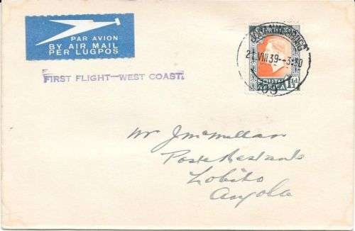 South Africa 1939 First Flight West Coast Johannesburg  to Lobito Angola
