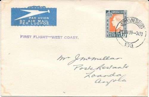 South Africa 1939 First Flight West Coast Johannesburg  to Loanda Angola