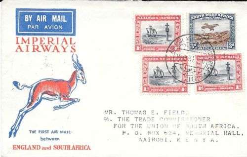 South West Africa 1931 21 Dec Airmail Windhoek via Kimberly to Nairobi Kenya very fine scarce