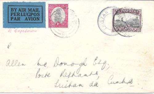 South Africa 1935 14 Mar Johannesburg to Tristan Da Cunha via Cape Town very fine