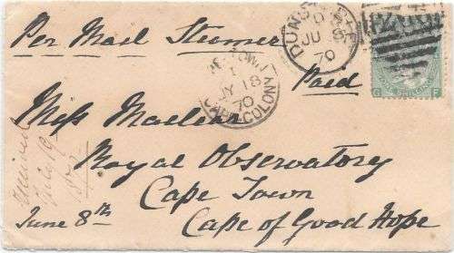 Cape of Good Hope 1870 GB QV 1s incoming cover Dunstable to Miss Maclear Royal Observatory