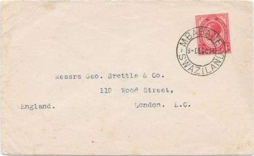 Swaziland 1914 SA KGV 1d used on cover from Mbabane to London fine